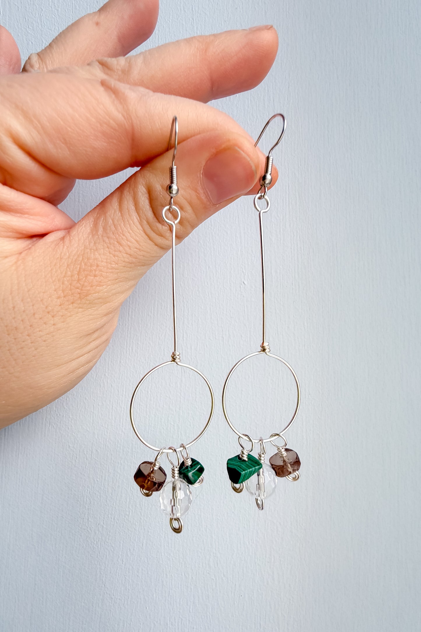 💚🤍🤎  Held in Stillness - Long Drop Hoop Earrings with Malachite, Smoky Quartz and Clear Quartz