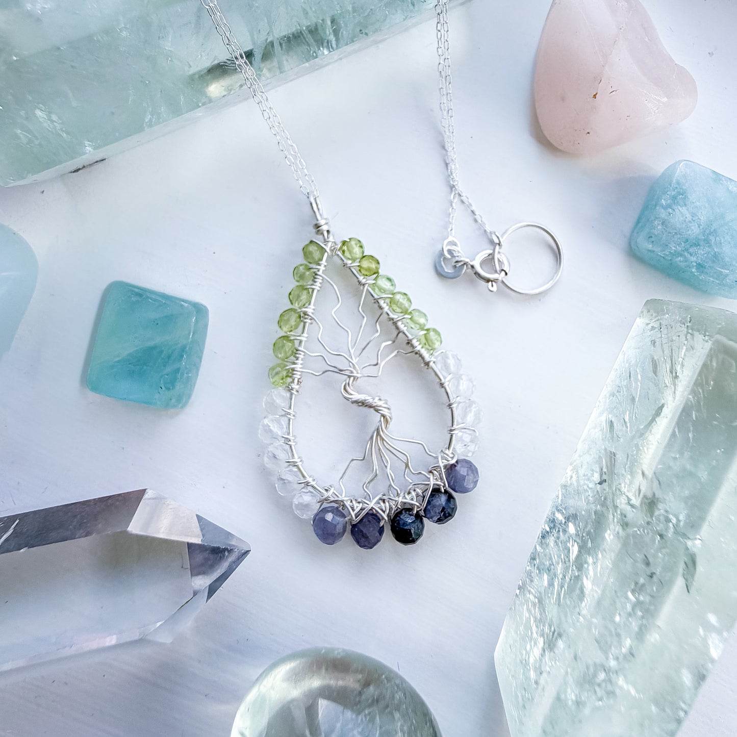 🌿✨ Iolite, Peridot & Clear Quartz Tree of Life Necklace ✨🌿