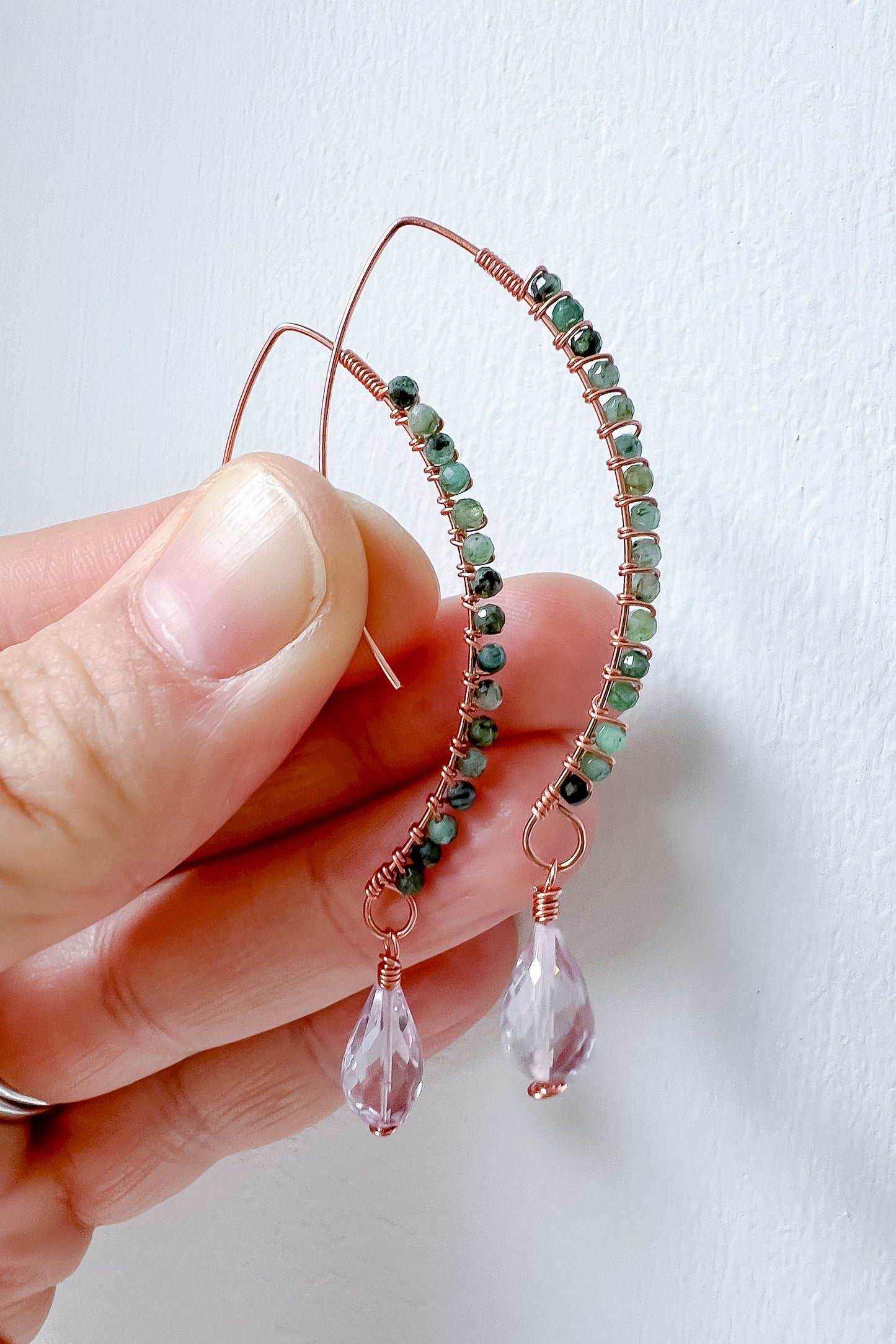 Emerald and pink amethyst Goddess earrings rose gold