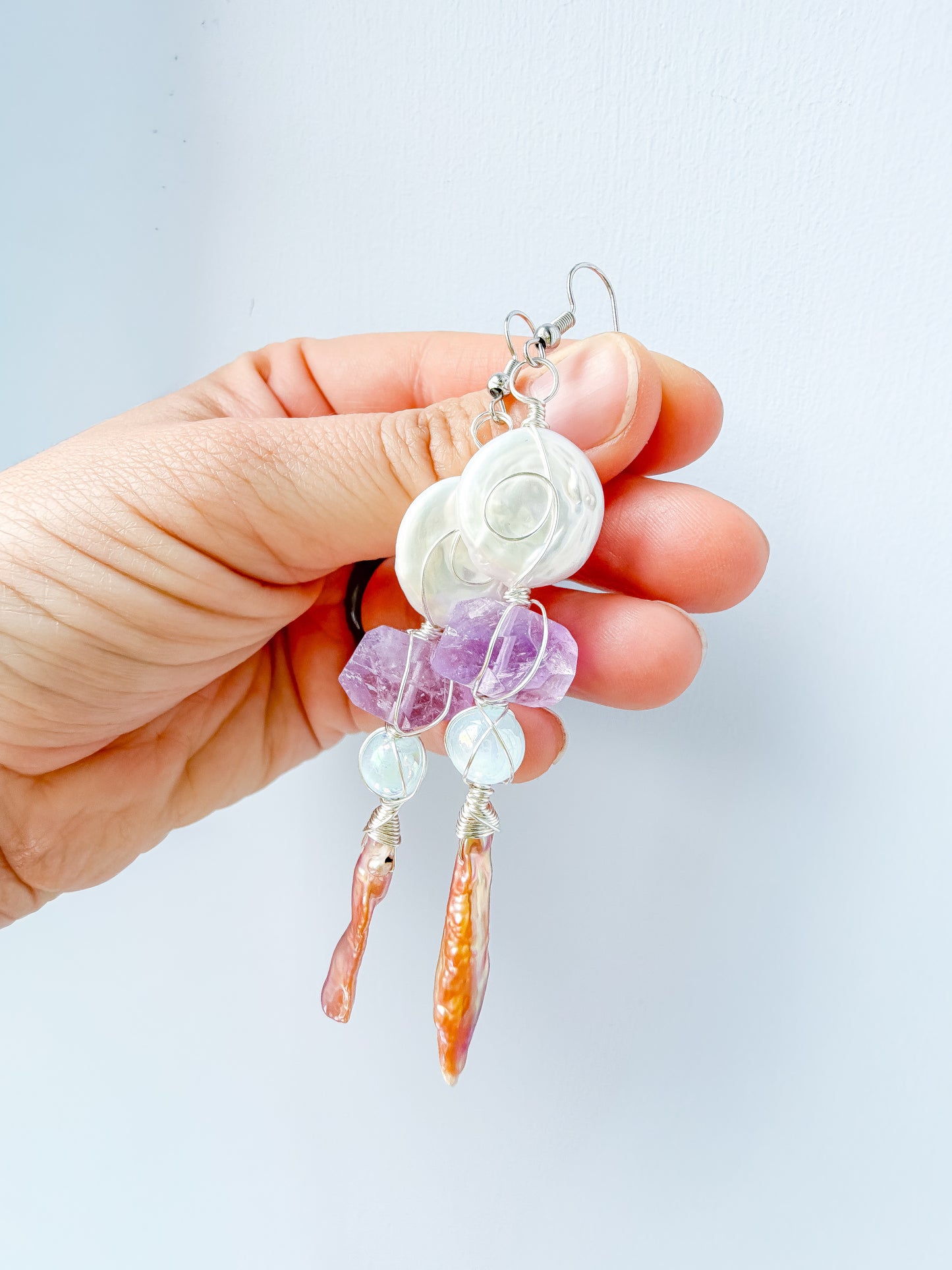 ✨ Siren Sister Pearl & Amethyst Earrings ✨ Keshi Pearl & Amethyst Dangle Earrings | Long Handmade Statement Earrings