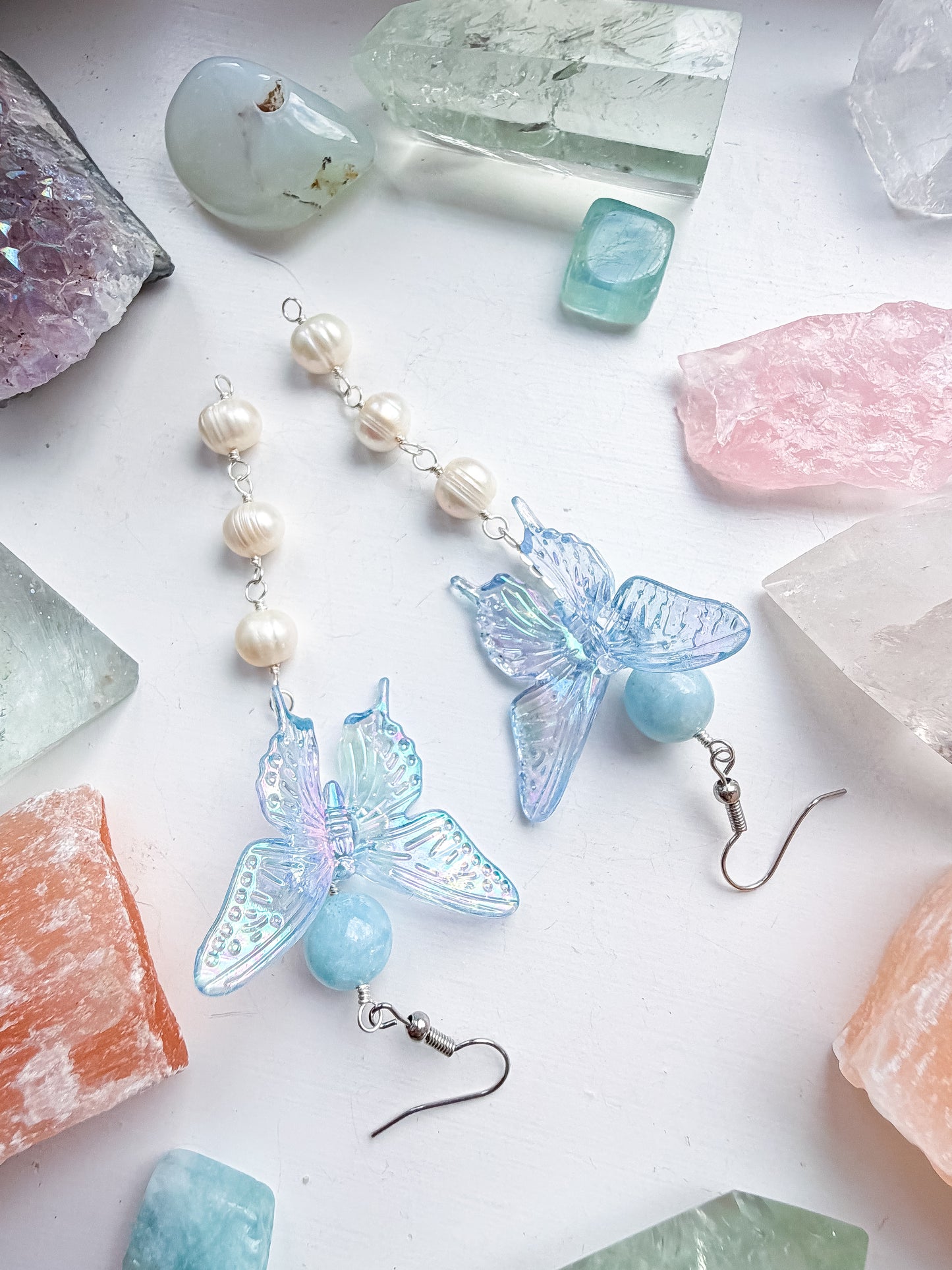 Blue butterfly + aquamarine + pearl drop chain earrings