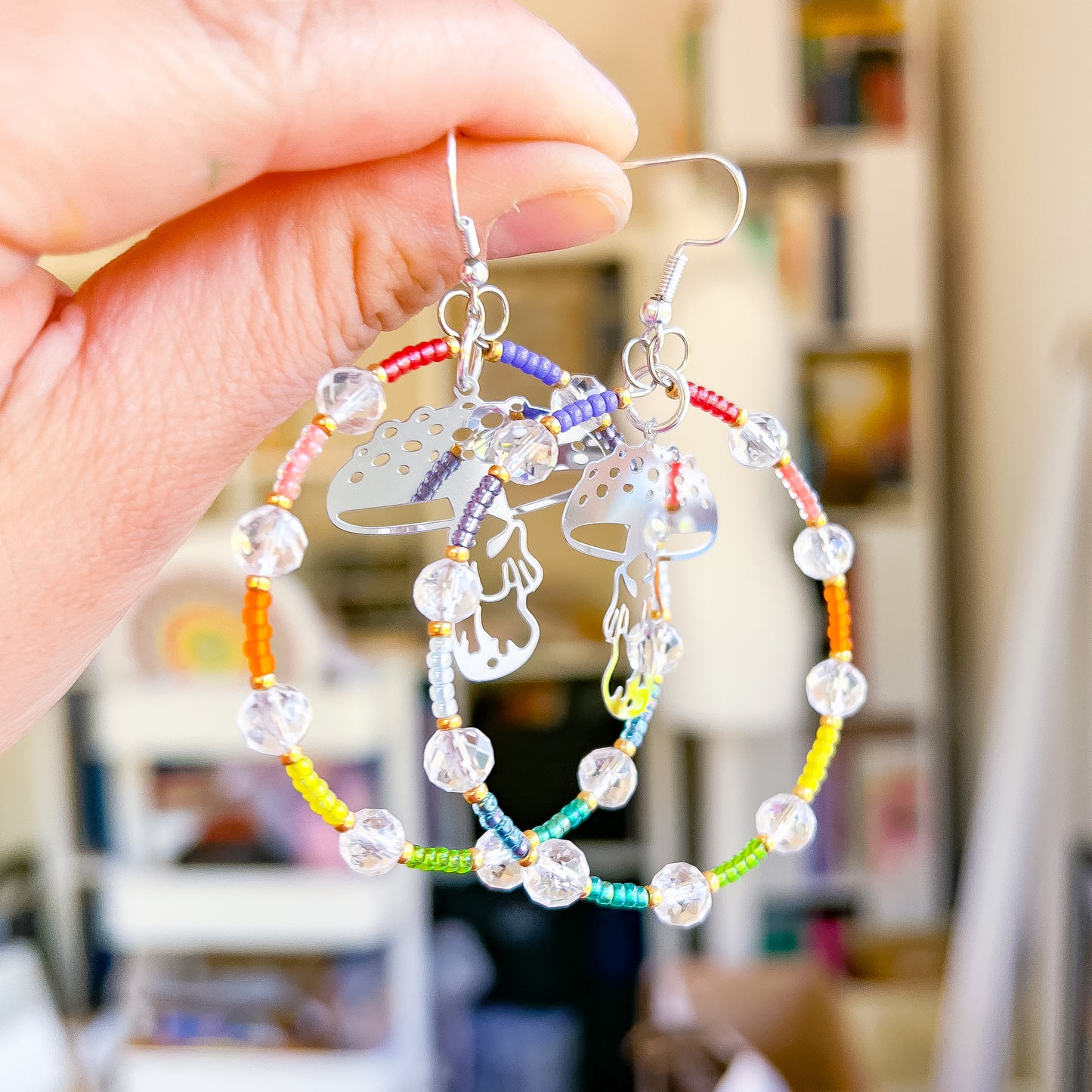 Silver mushie, clear quartz rainbow statement hoop earrings