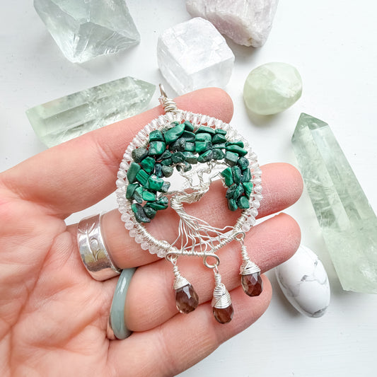 🌳 Safe to Soften - Malachite, clear quartz and smokey quartz tree of life talisman 🌳