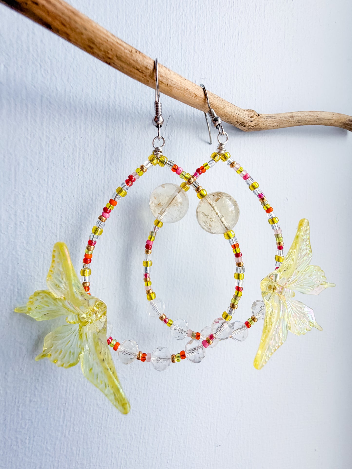 Golden Hour - Yellow butterfly + citrine & clear quartz earrings