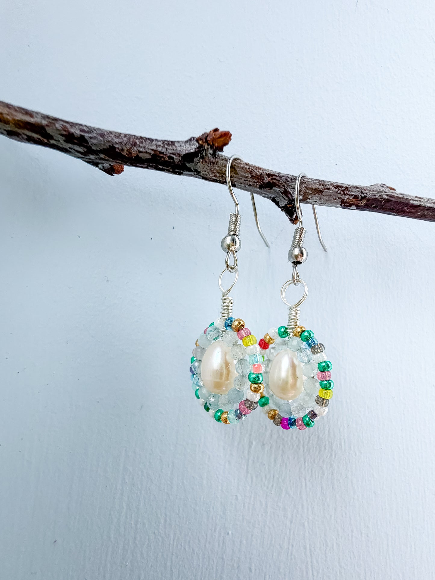 ✨ Rainbow Pearl Halo Earrings ✨ - Aquamarine and Pearl Earrings