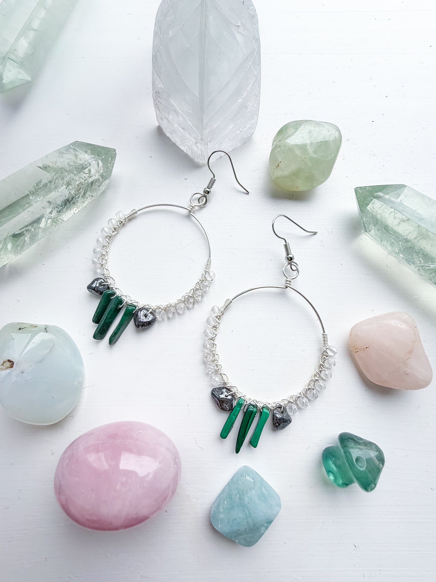 🦋 Stable Orbit Earrings - Micro-faceted Clear Quartz, Hematite & Malachite – Large Hoop Earrings