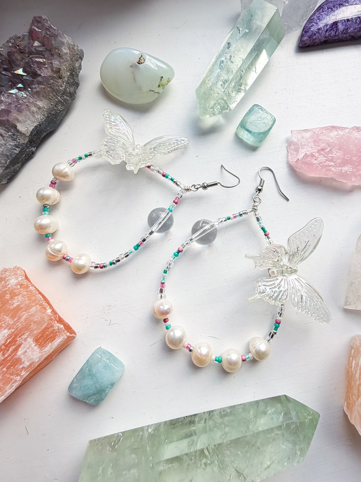 First Flutter - Clear quartz and iridescent butterfly + pearl & teal & pink seed bead earrings