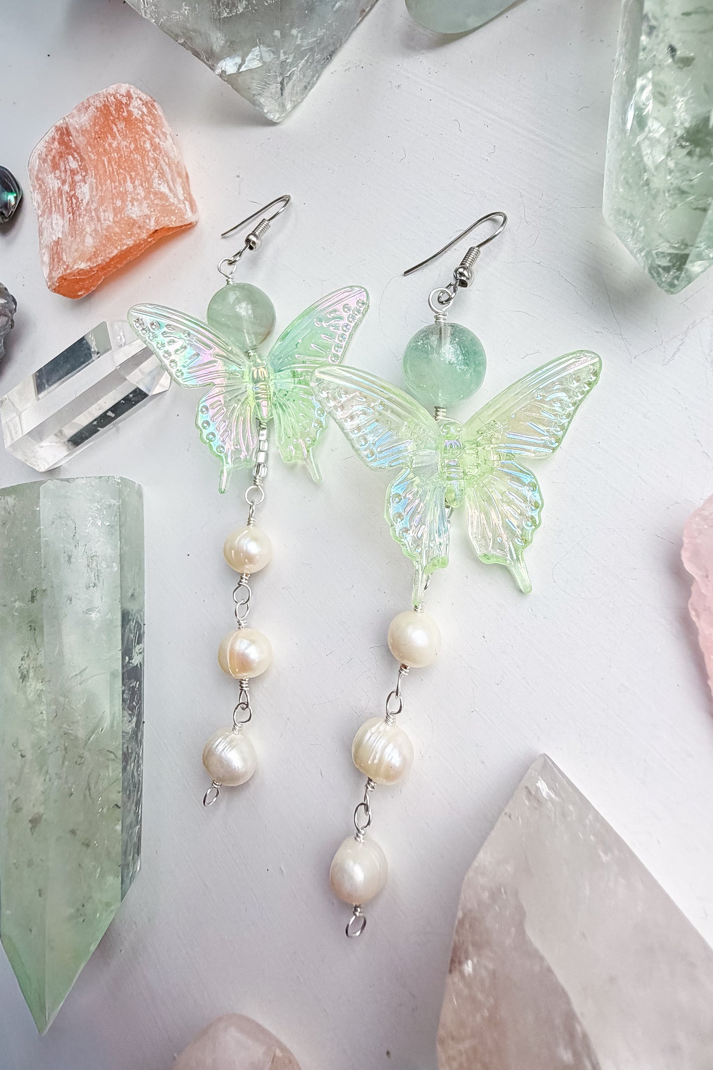 Green butterfly + fluorite + pearl drop chain earrings