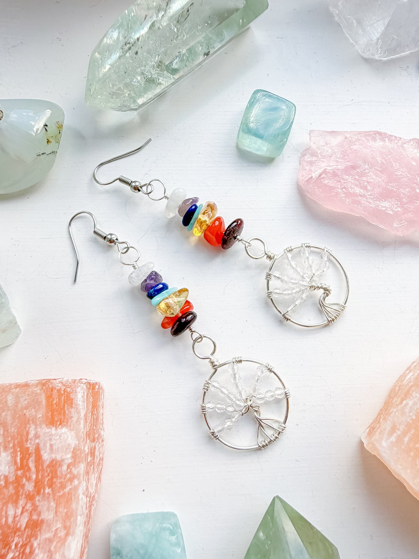 Clear Quartz Chakra Tree Of Life Earrings