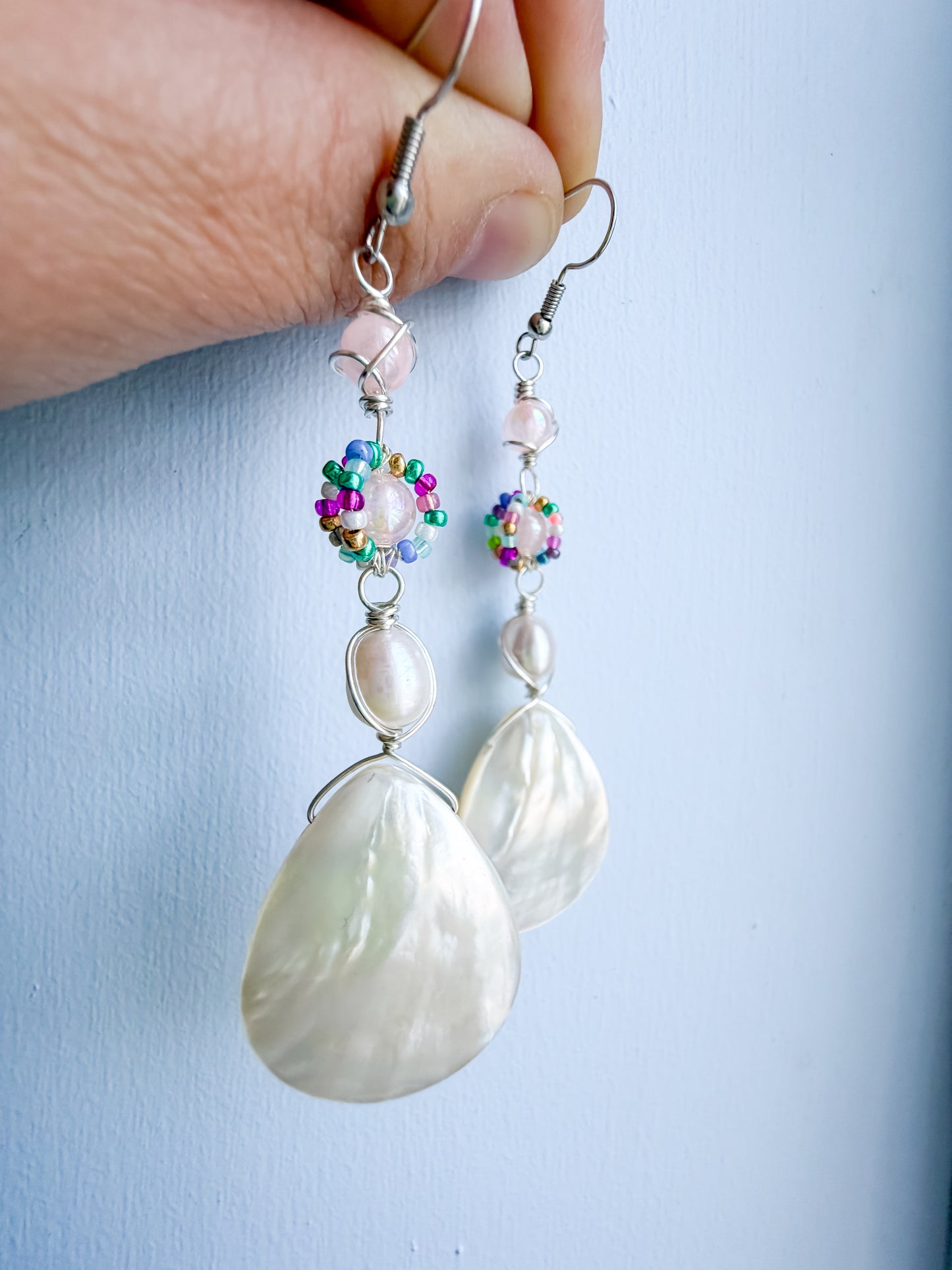 🌊🧜‍♀️✨ Mermaid’s Treasure Earrings ✨🧜‍♀️🌊  Mother of Pearl Shell Earrings | Long Handmade Dangle Earrings | Pearl & Selenite Earrings