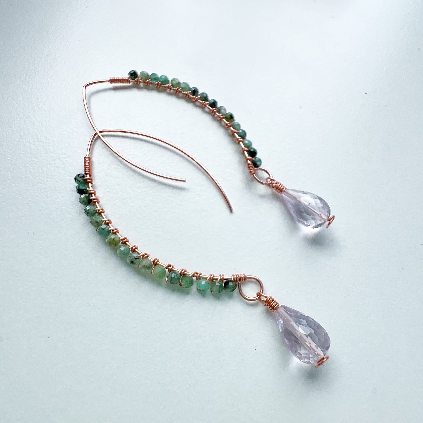 Emerald and pink amethyst Goddess earrings rose gold