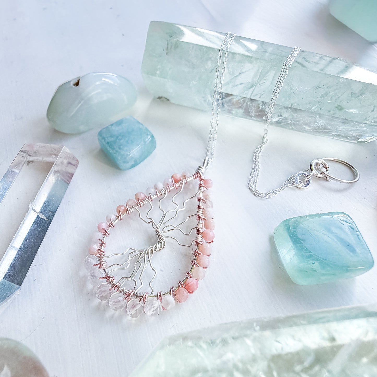🩷✨Heart Chakra Tree of Life ✨🩷 – Pink Opal & Clear Quartz Necklace