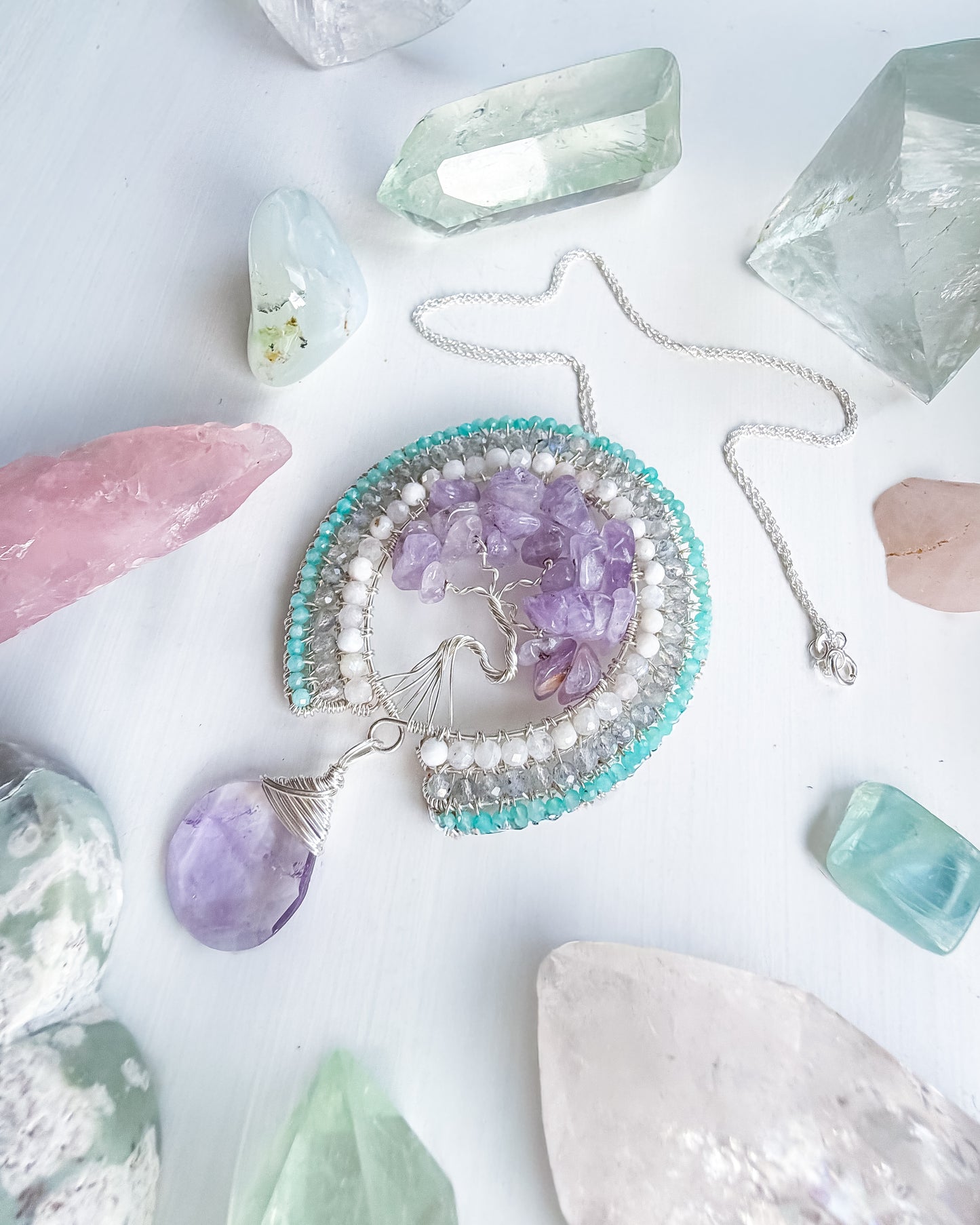 ✨🌸🌊 Inner Serenity Tree Of Life Pendant 🌊🌸✨ Lavender Amethyst, Moonstone, Labraorite, Amazonite and Pink Amethyst Necklace