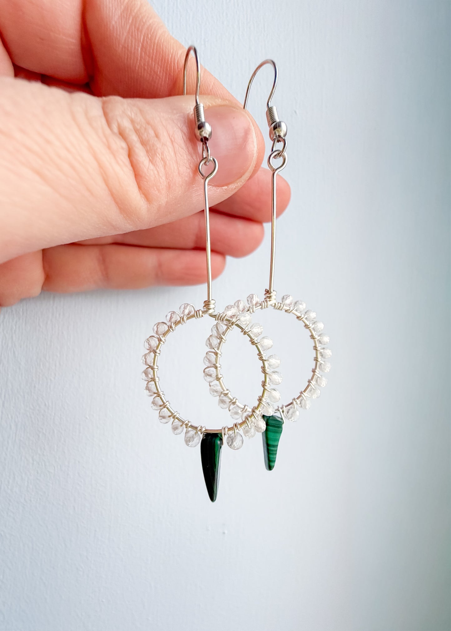 🌿 Quiet Alignment Earrings - Micro-faceted Clear Quartz & Malachite – Long Drop Hoop Earrings