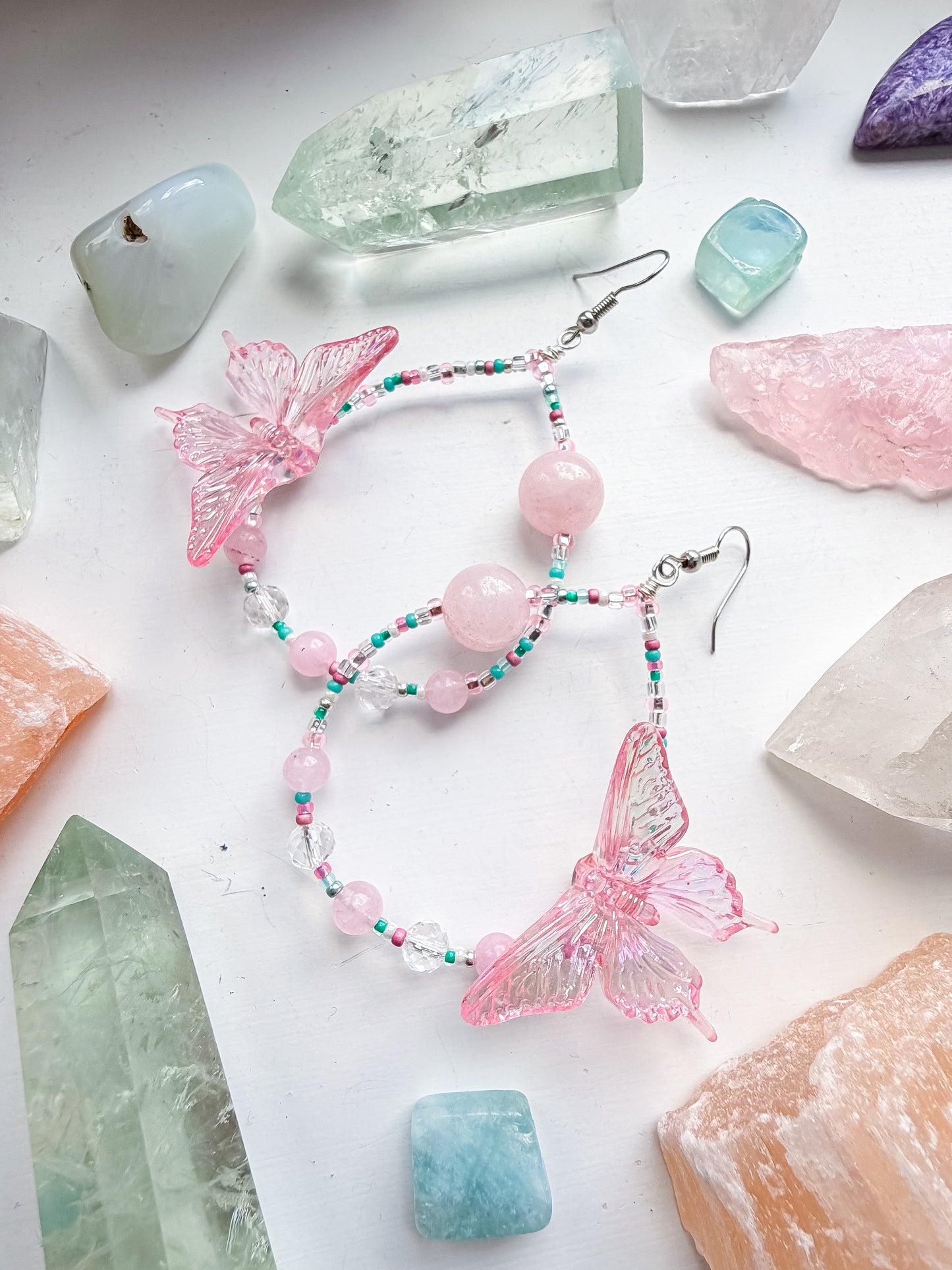 Soft Power - Pink butterfly + rose quartz & clear quartz earrings