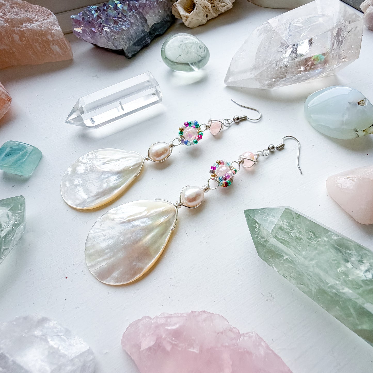 🌊🧜‍♀️✨ Mermaid’s Treasure Earrings ✨🧜‍♀️🌊  Mother of Pearl Shell Earrings | Long Handmade Dangle Earrings | Pearl & Selenite Earrings