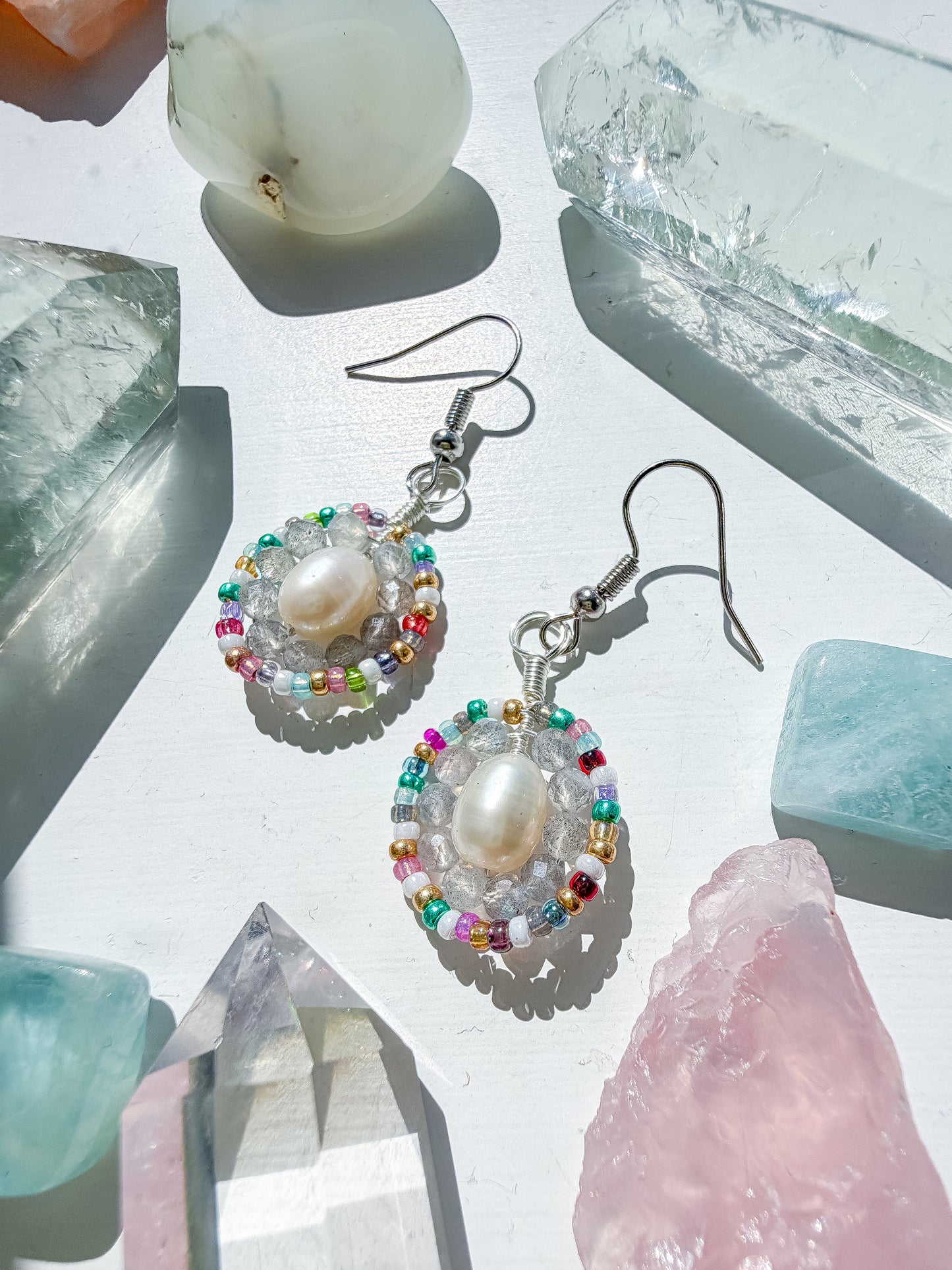 ✨ Rainbow Pearl Halo Earrings ✨ - Labradorite
