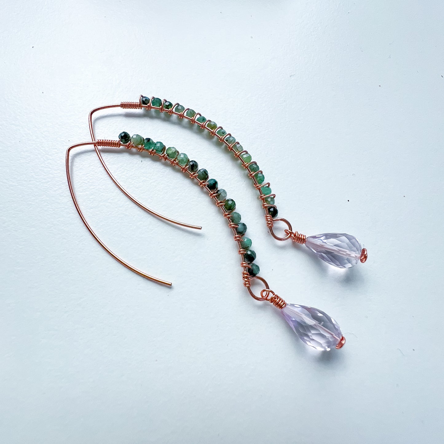 Emerald and pink amethyst Goddess earrings rose gold