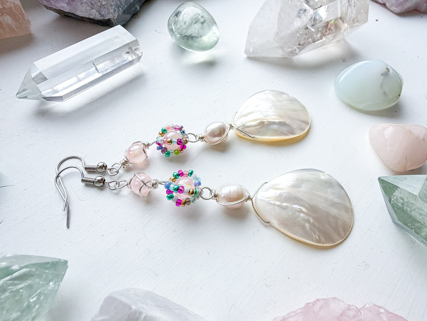 🌊🧜‍♀️✨ Mermaid’s Treasure Earrings ✨🧜‍♀️🌊  Mother of Pearl Shell Earrings | Long Handmade Dangle Earrings | Pearl & Selenite Earrings