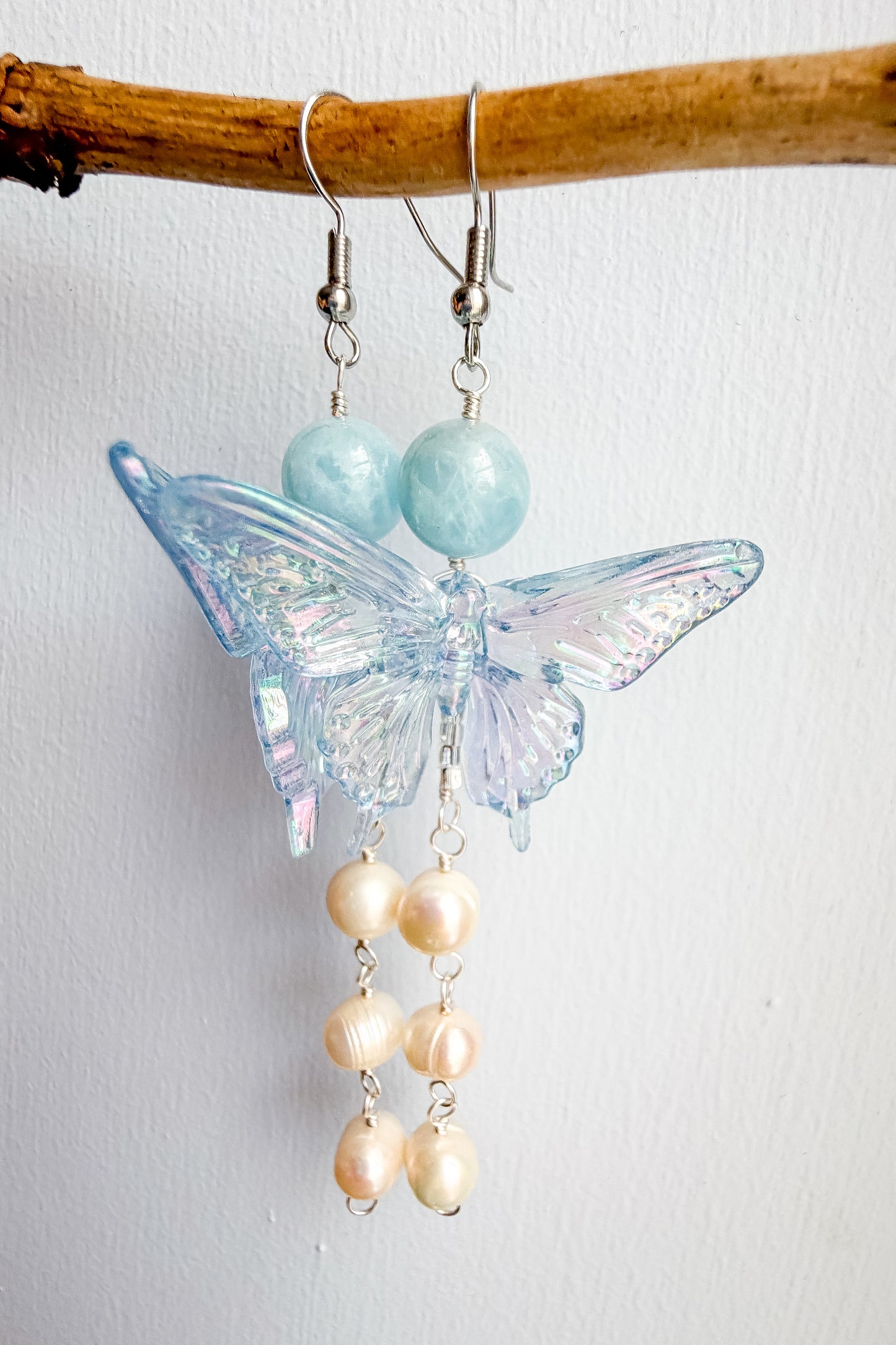 Blue butterfly + aquamarine + pearl drop chain earrings