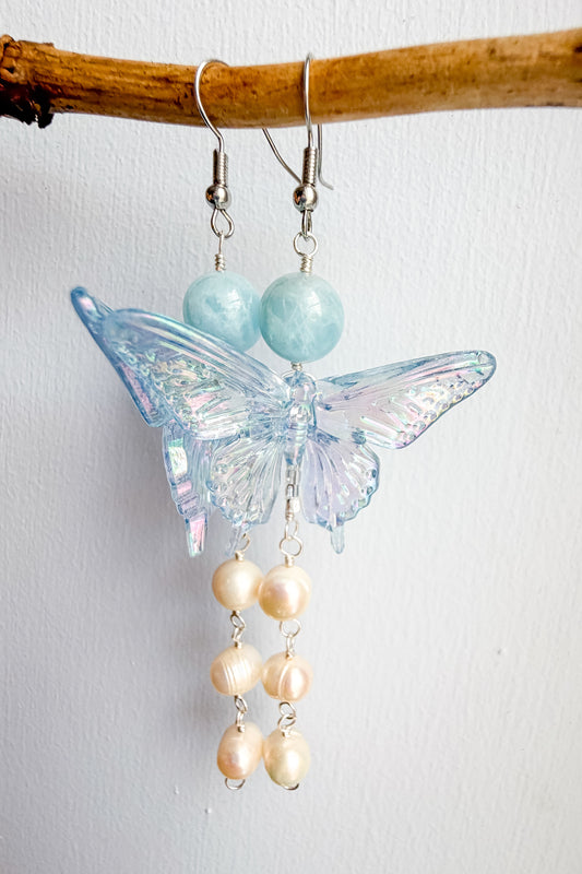 Blue butterfly + aquamarine + pearl drop chain earrings