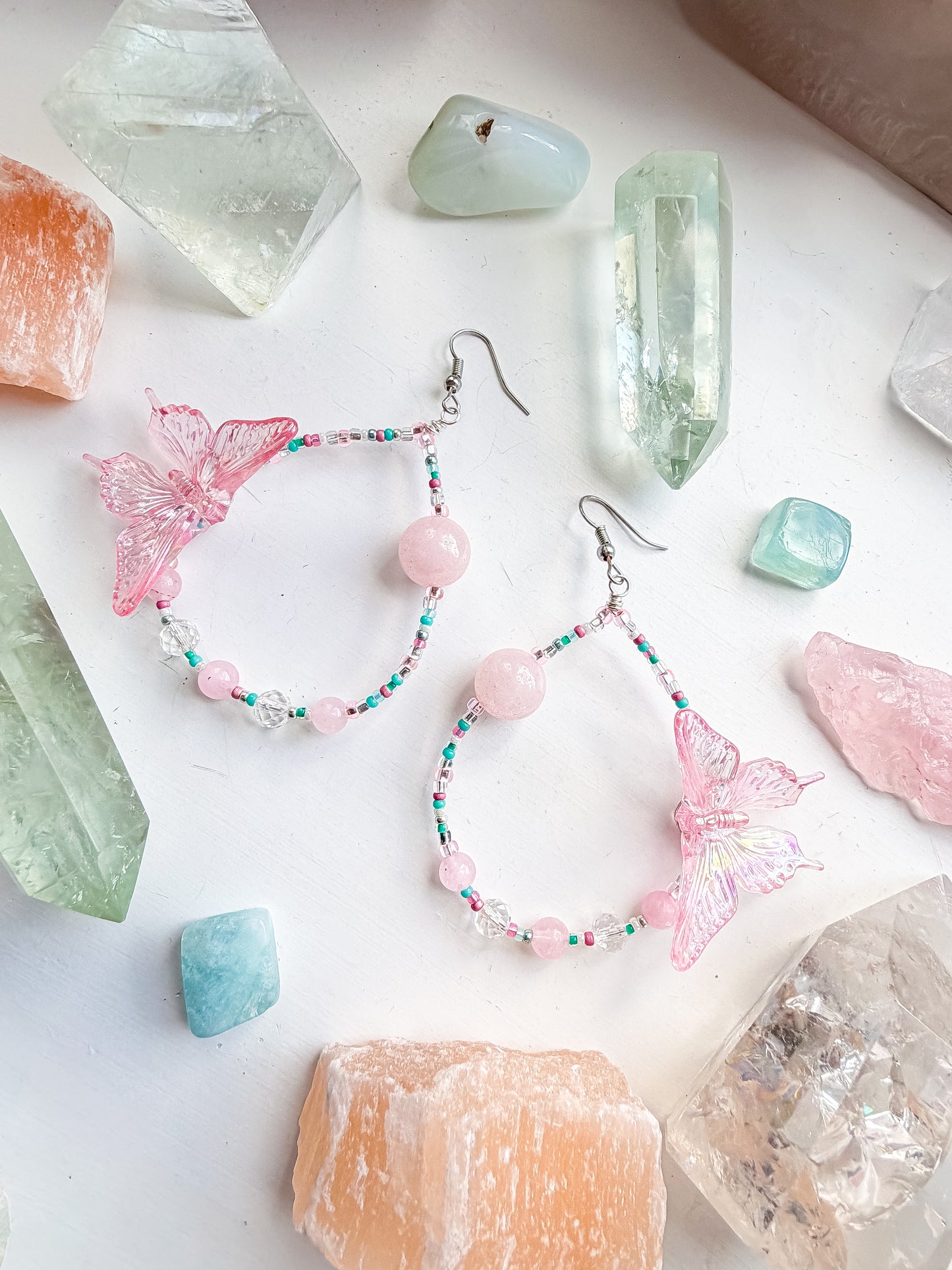 Soft Power - Pink butterfly + rose quartz & clear quartz earrings