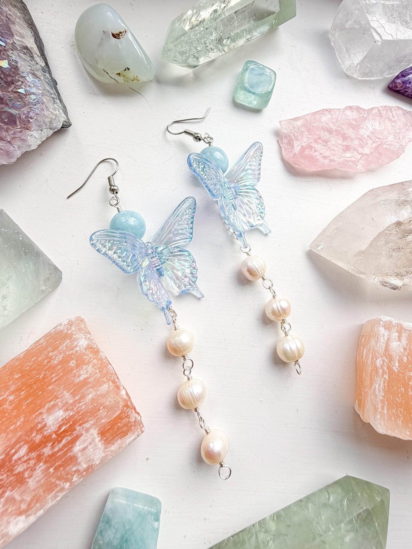 Blue butterfly + aquamarine + pearl drop chain earrings