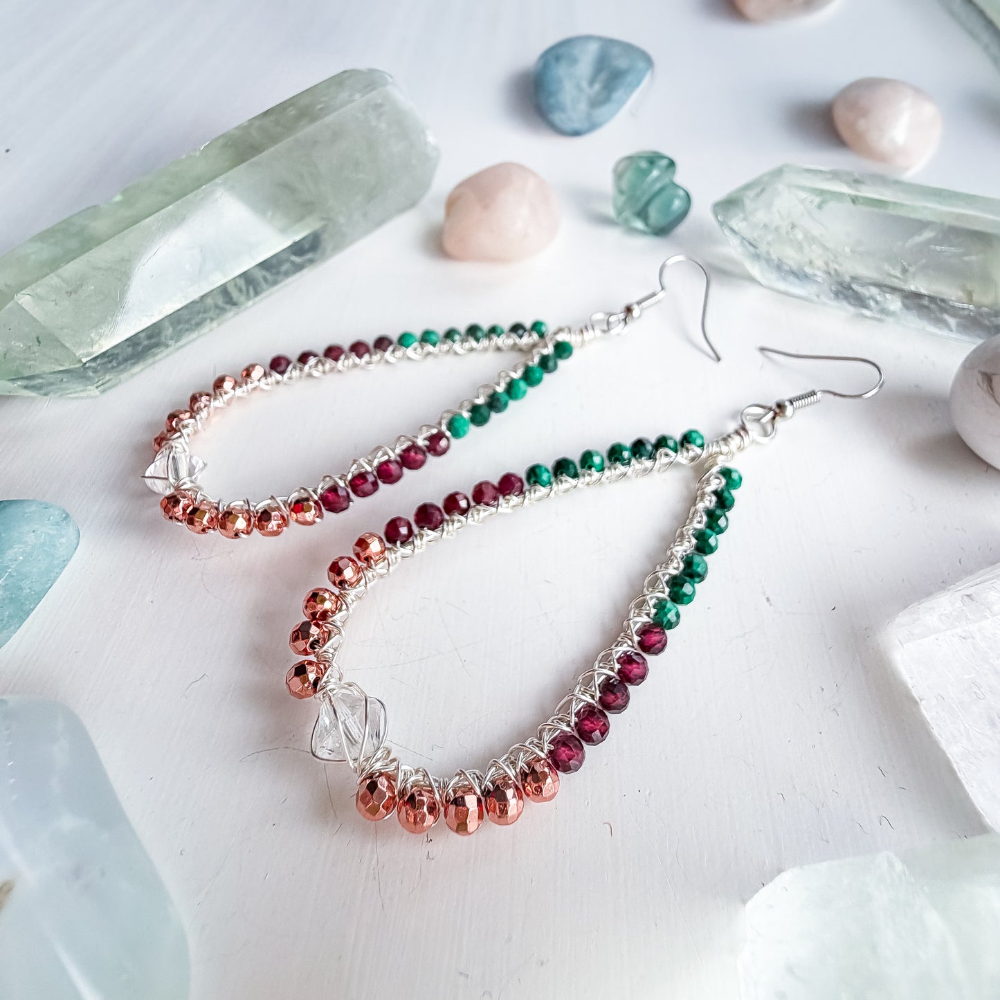 🔥 Strength Without Armour – Power Drop Earrings – Clear Quartz, Malachite Garnet and Hematite