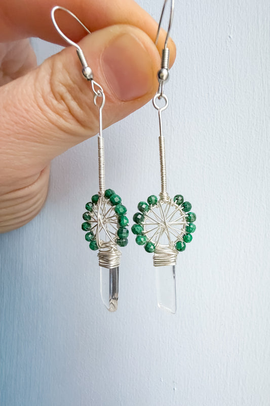 🌀 Spiral of Support Earrings - Micro-faceted Malachite & Polished Clear Quartz – Spoke Design Earrings