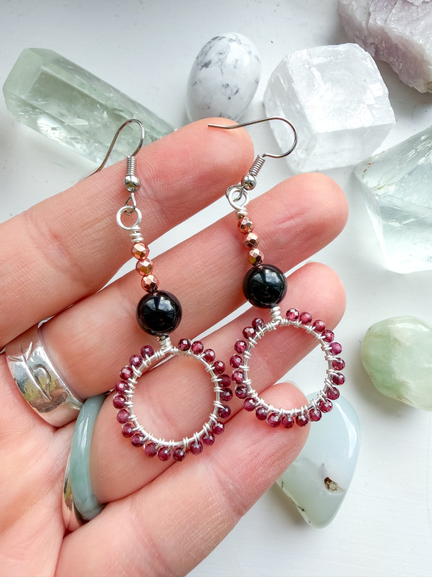 Boundaried Strength Earrings - Garnet, Black Tourmaline & Rose Gold Coloured Hematite – Drop Earrings