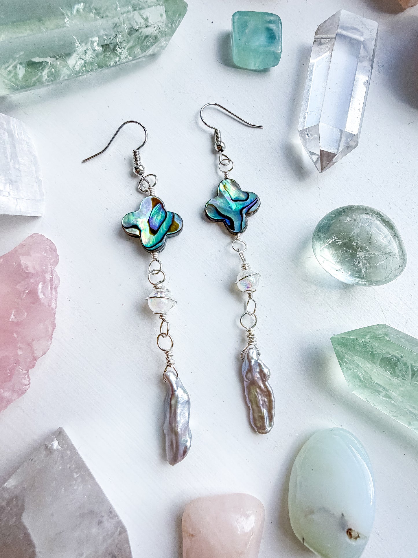 ✨💎 Atlantis Earrings 💎✨ Abalone & Silver Biwa Pearl Drop Earrings | Long Handmade Chain Earrings