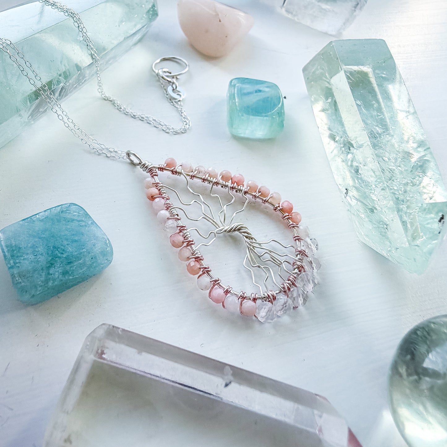 🩷✨Heart Chakra Tree of Life ✨🩷 – Pink Opal & Clear Quartz Necklace