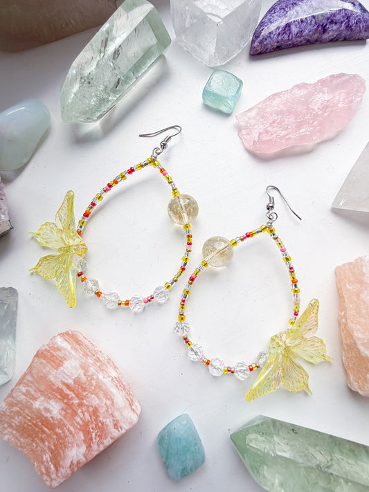 Golden Hour - Yellow butterfly + citrine & clear quartz earrings