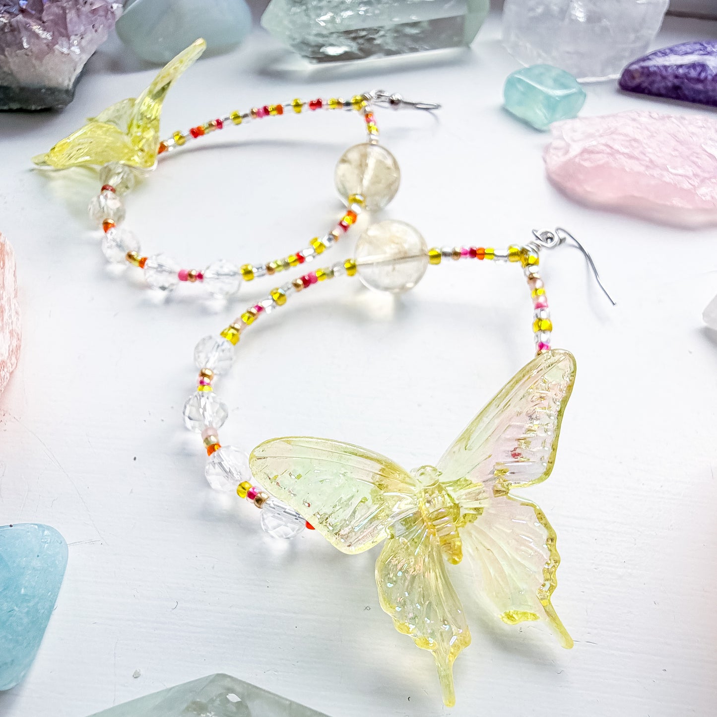 Golden Hour - Yellow butterfly + citrine & clear quartz earrings