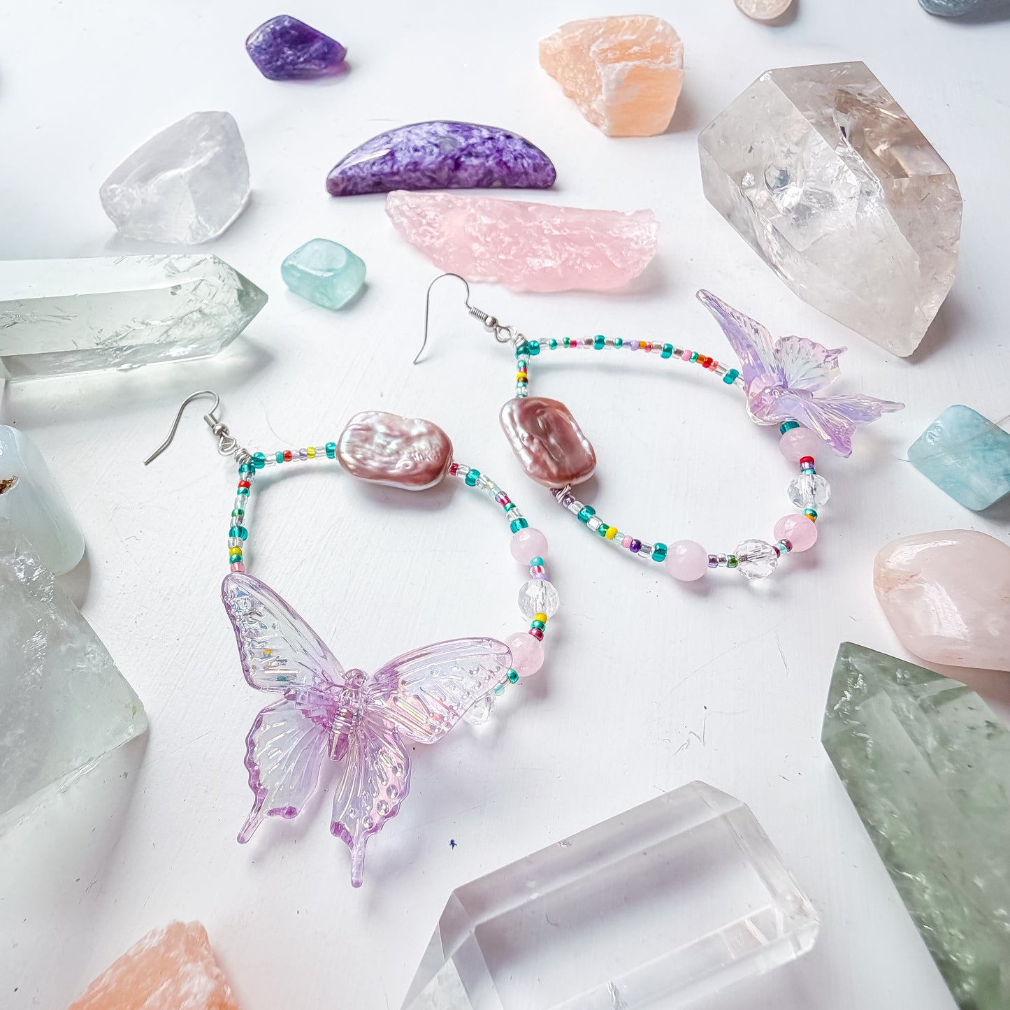 Wild Pearl - Lilac butterfly + baroque pearl & rose quartz and clear quartz earrings