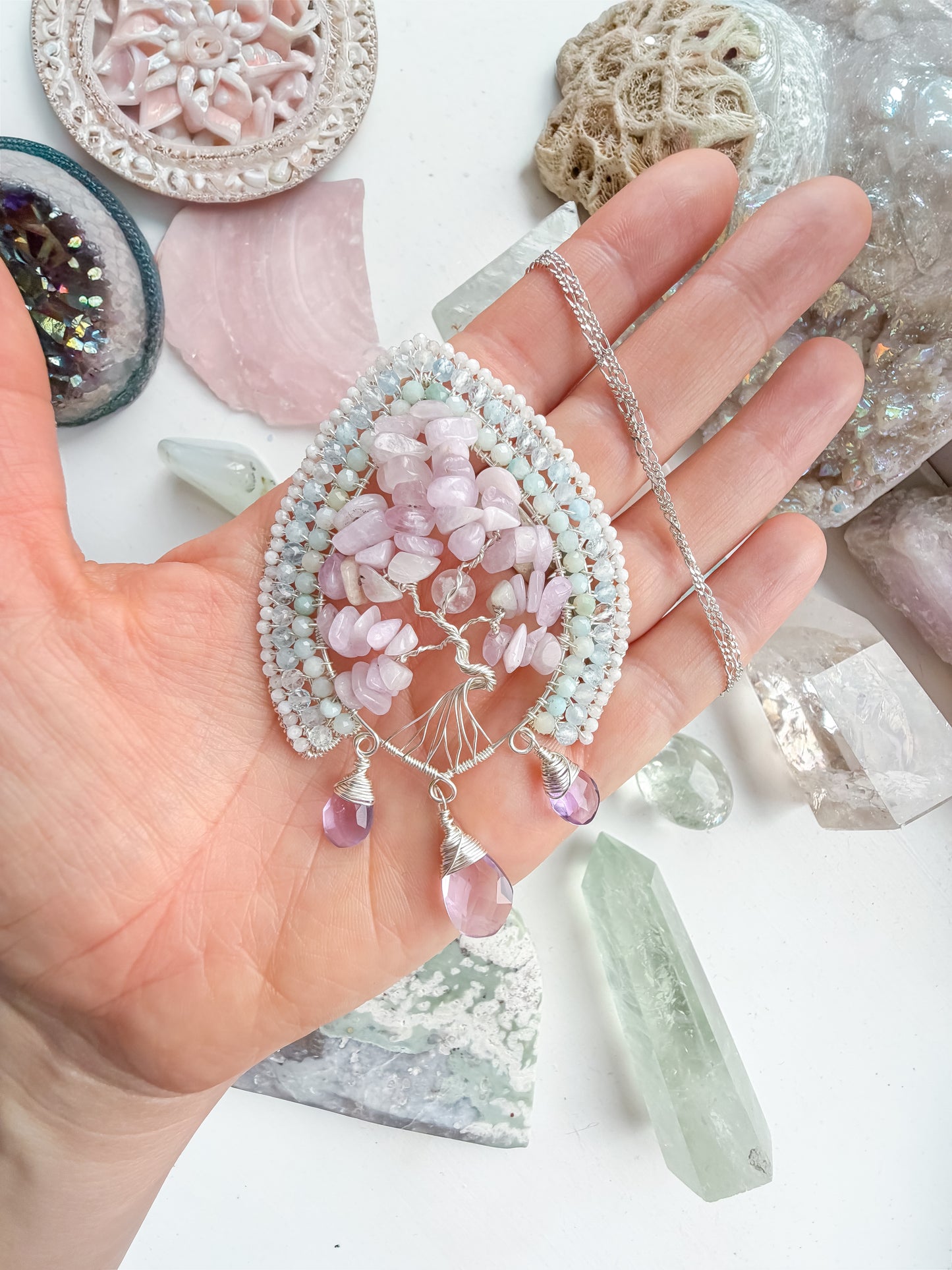 ✨🌿🌸 Blossoming Soul Tree Of Life Pendant 🌸🌿✨ Kunzite, Rainbow Moonstone, Amazonite, Aquamarine and Moonstone Necklace