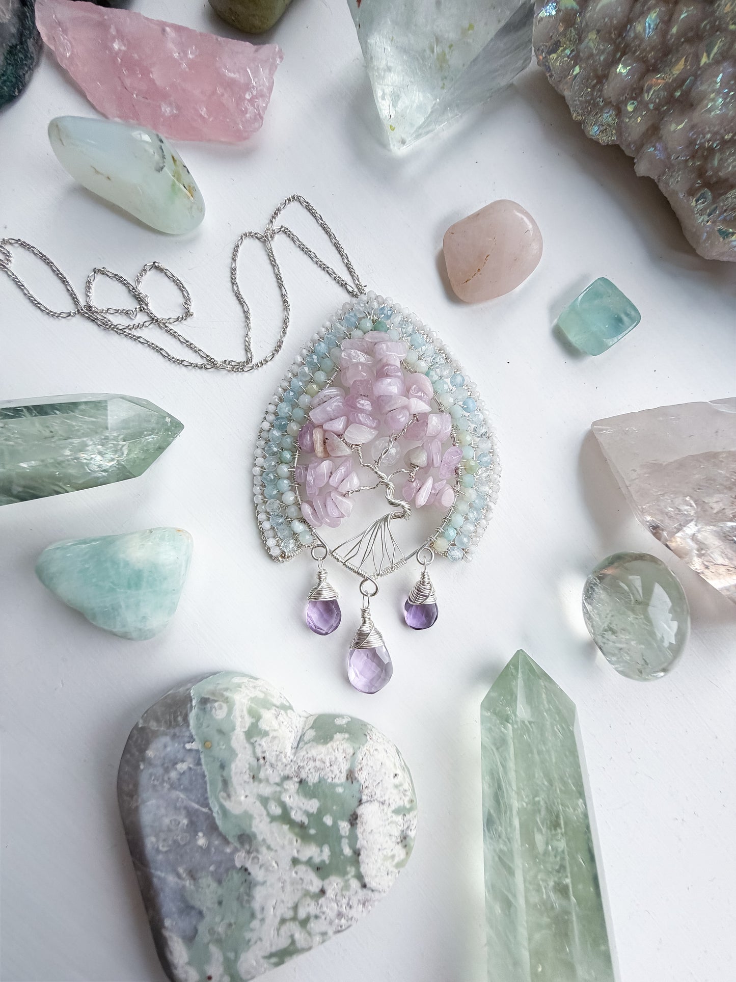 ✨🌿🌸 Blossoming Soul Tree Of Life Pendant 🌸🌿✨ Kunzite, Rainbow Moonstone, Amazonite, Aquamarine and Moonstone Necklace