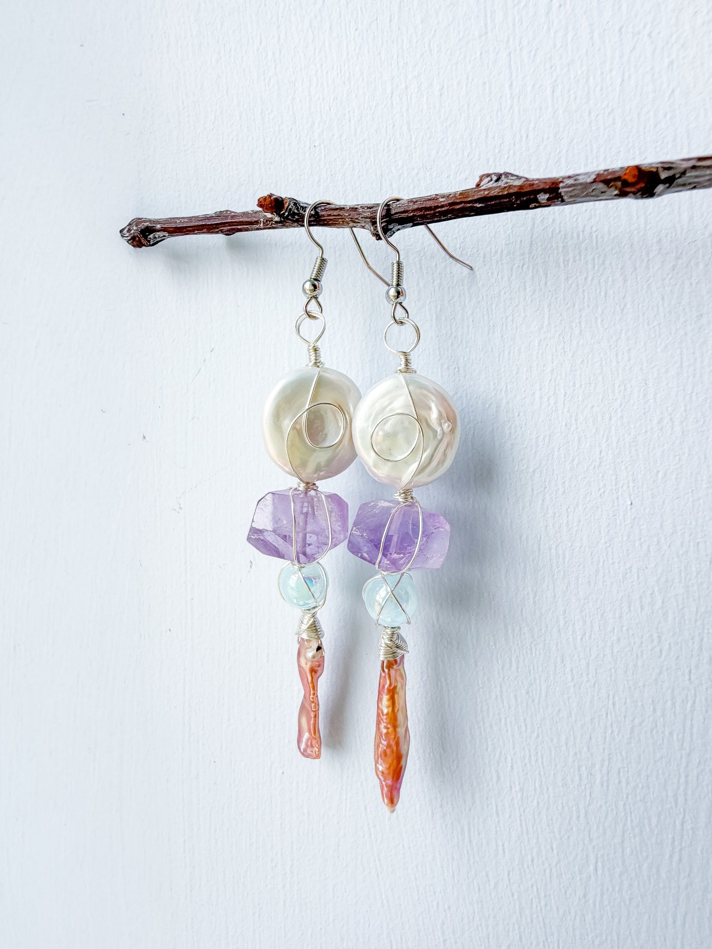 ✨ Siren Sister Pearl & Amethyst Earrings ✨ Keshi Pearl & Amethyst Dangle Earrings | Long Handmade Statement Earrings