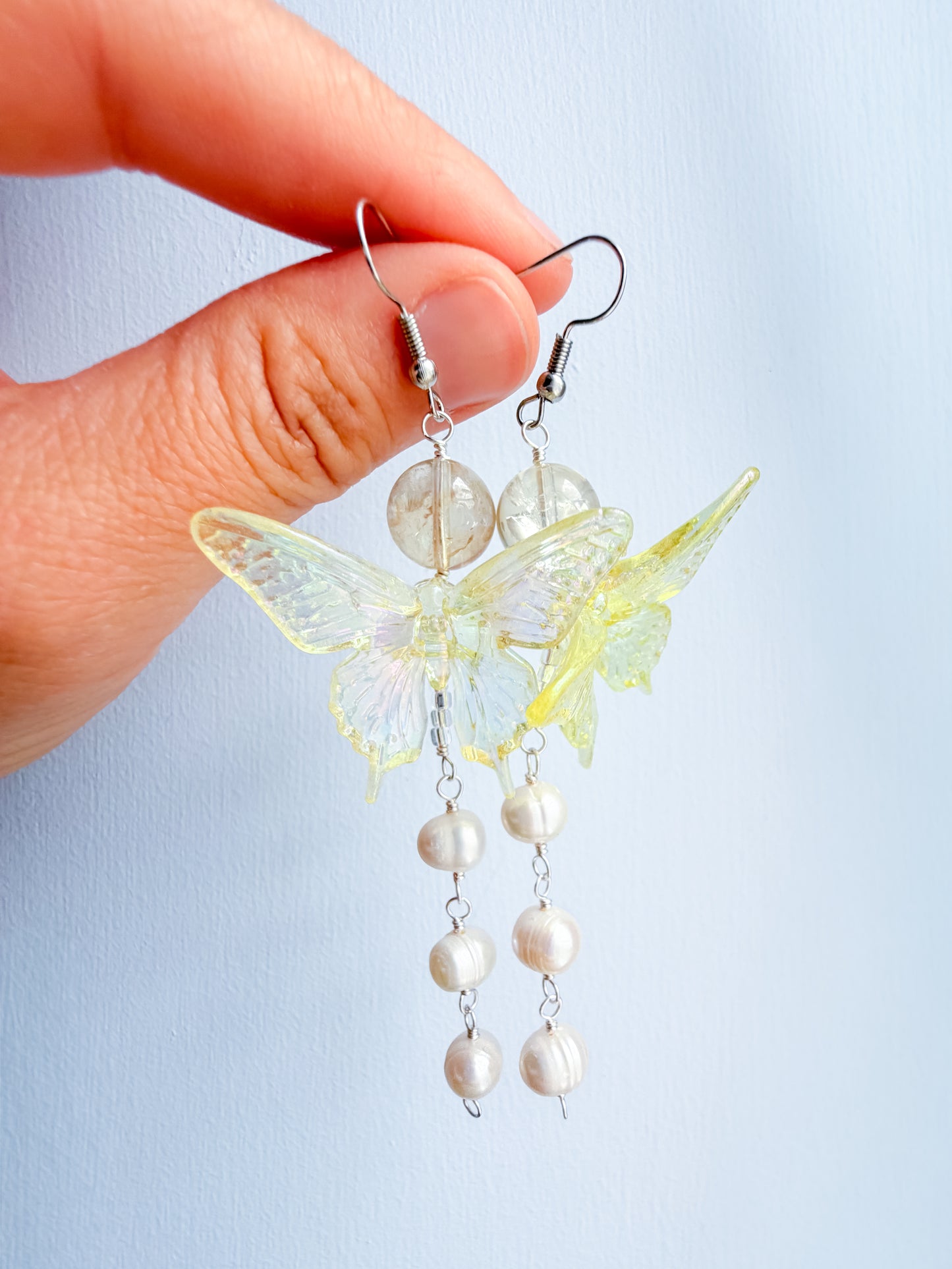 Yellow butterfly + citrine + pearl drop chain earrings
