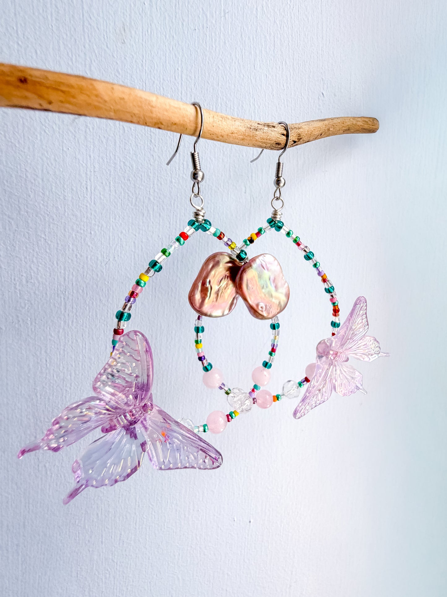 Wild Pearl - Lilac butterfly + baroque pearl & rose quartz and clear quartz earrings
