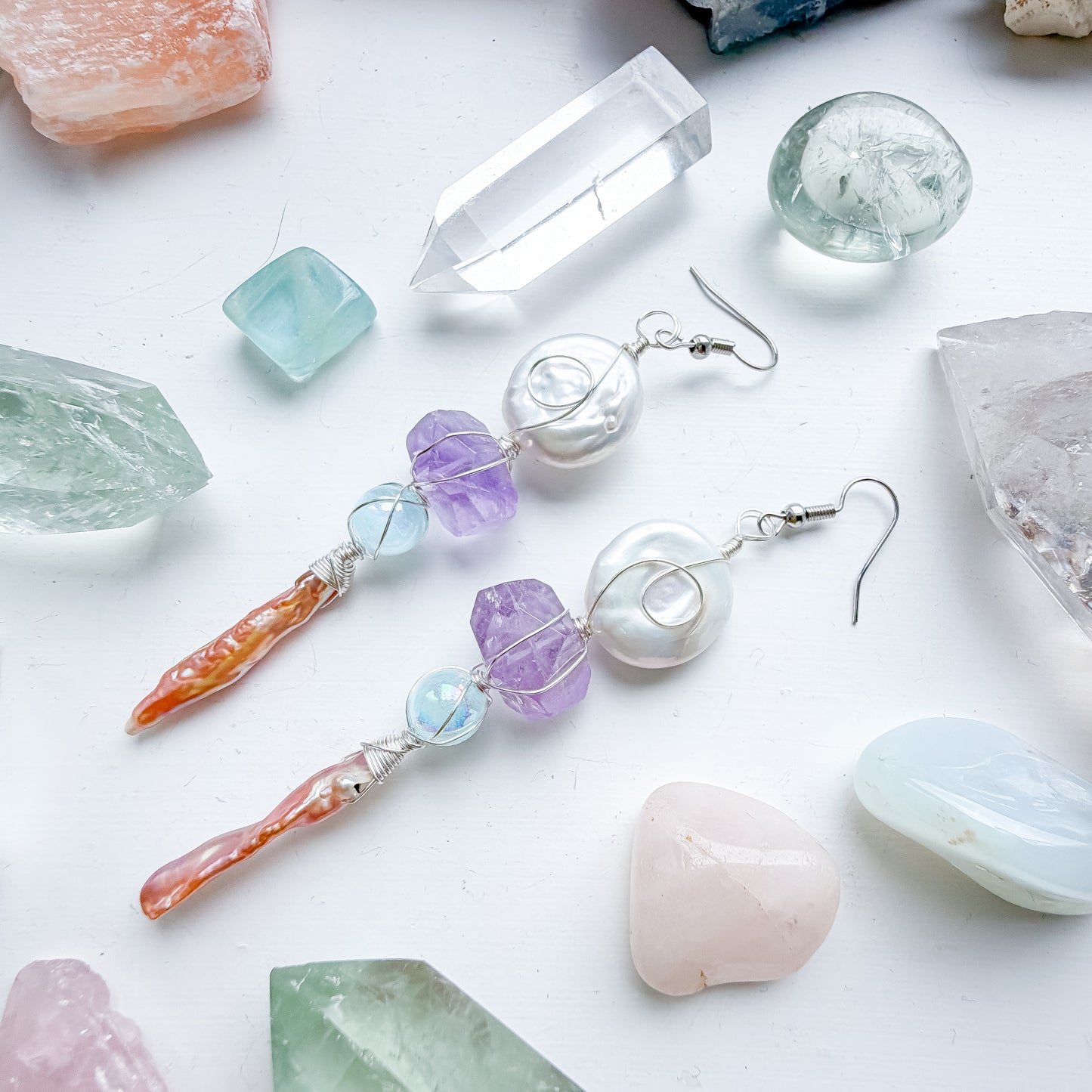 ✨ Siren Sister Pearl & Amethyst Earrings ✨ Keshi Pearl & Amethyst Dangle Earrings | Long Handmade Statement Earrings