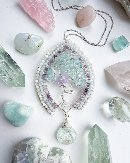 🌊💎✨ Ocean Sanctuary Tree Of Life Pendant ✨💎🌊 Aquamarine, Lavender Amethyst, Moonstone and Shaded Necklace