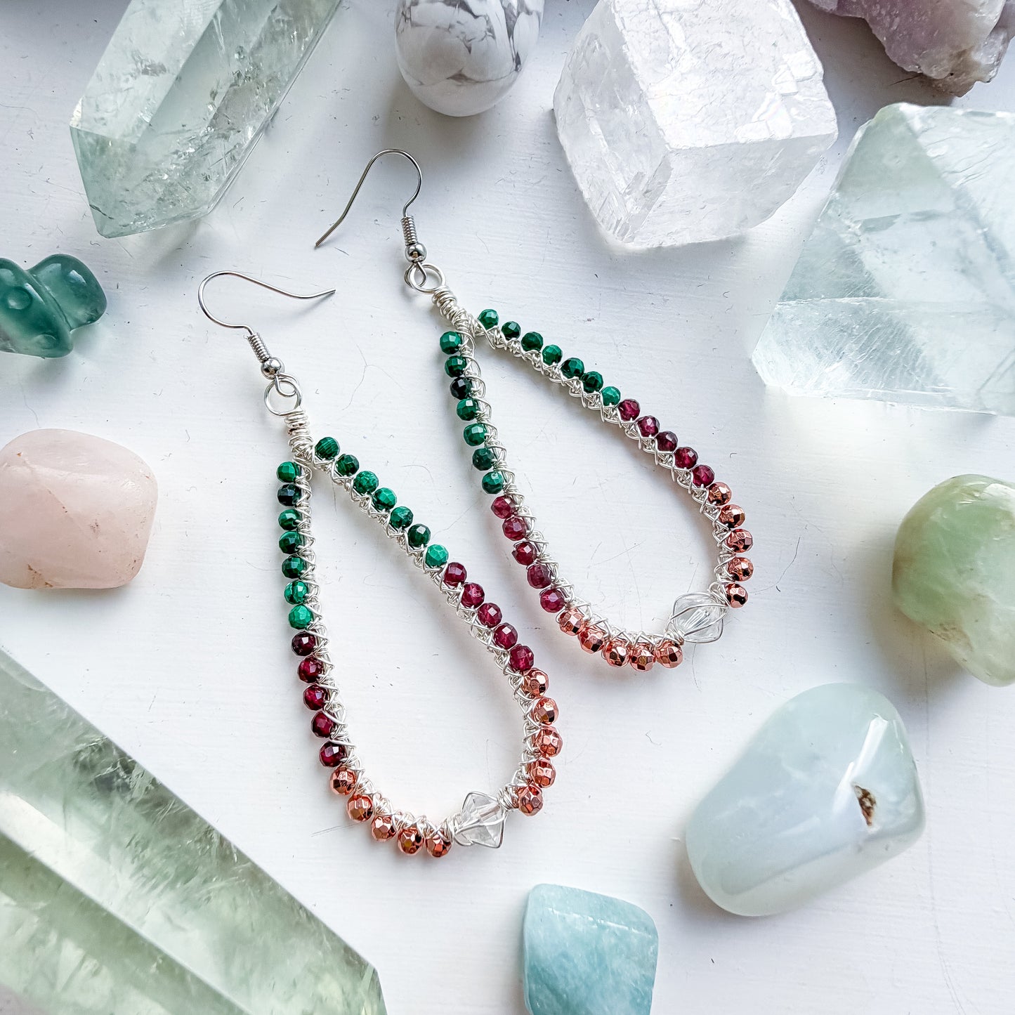 🔥 Strength Without Armour – Power Drop Earrings – Clear Quartz, Malachite Garnet and Hematite
