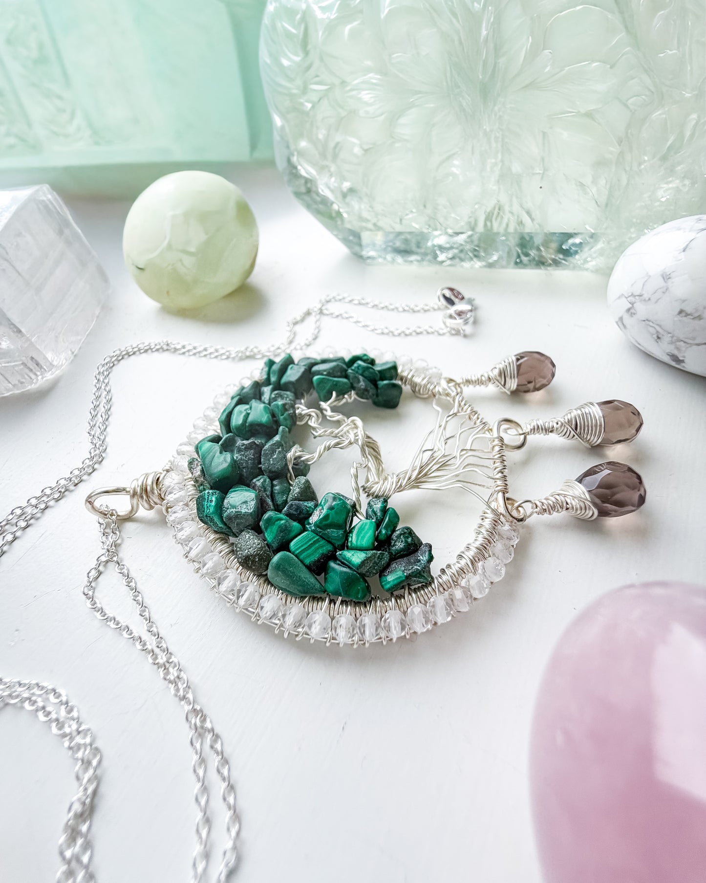 🌳 Safe to Soften - Malachite, clear quartz and smokey quartz Tree of Life talisman 🌳