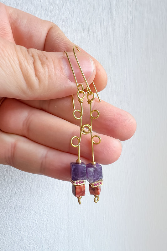🔮 Celestial Cascade Earrings — Amethyst, Crazy Lace Agate & Gold Spiral Magic