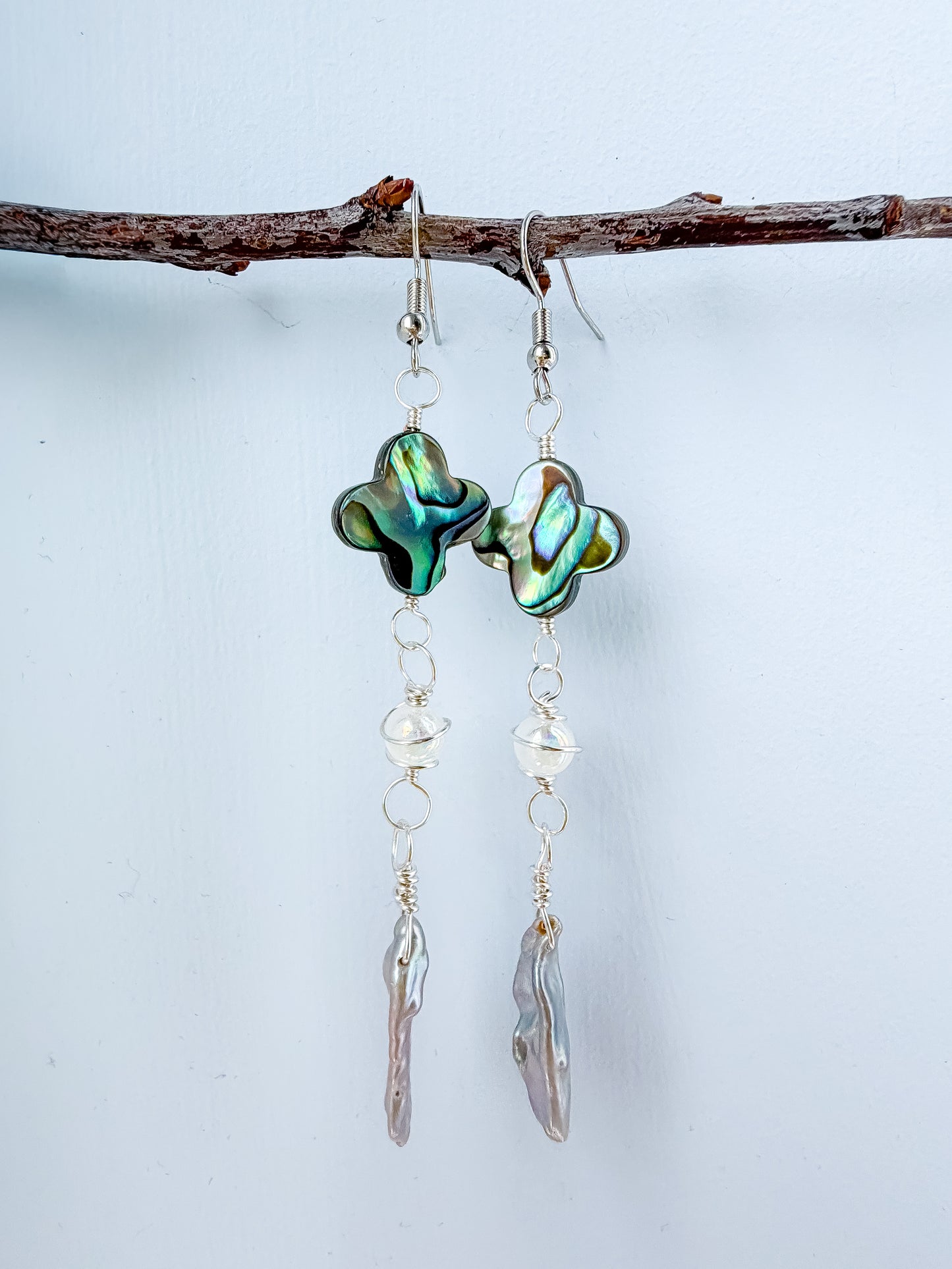 ✨💎 Atlantis Earrings 💎✨ Abalone & Silver Biwa Pearl Drop Earrings | Long Handmade Chain Earrings