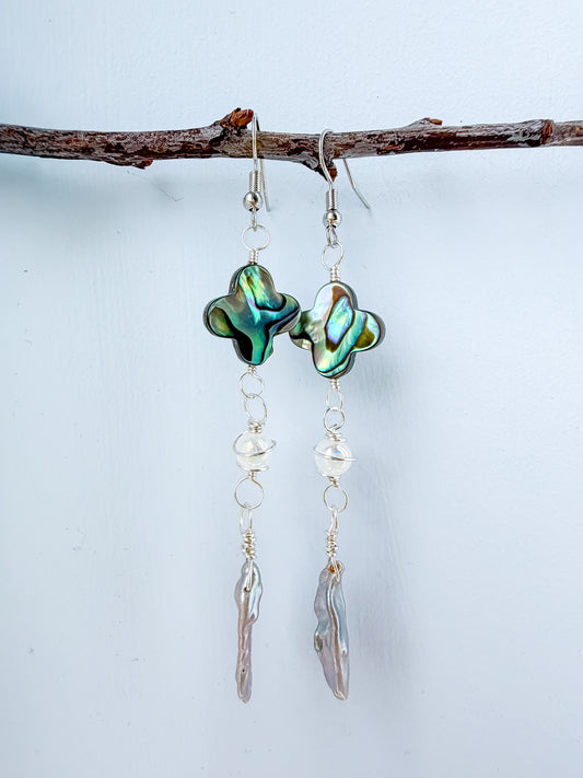✨💎 Atlantis Earrings 💎✨ Abalone & Silver Biwa Pearl Drop Earrings | Long Handmade Chain Earrings