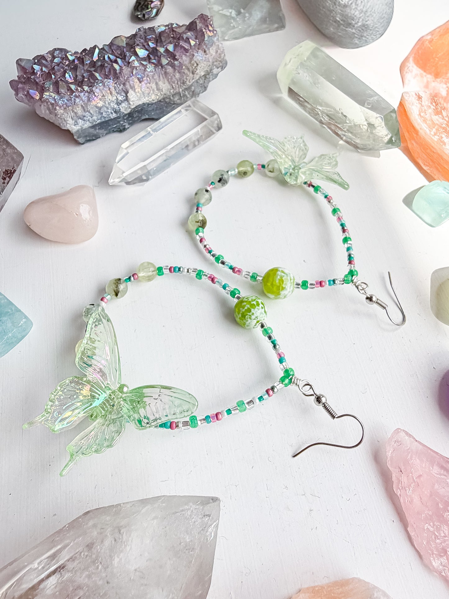 Into the green - Green butterfly + prehnite & green+white agate earrings