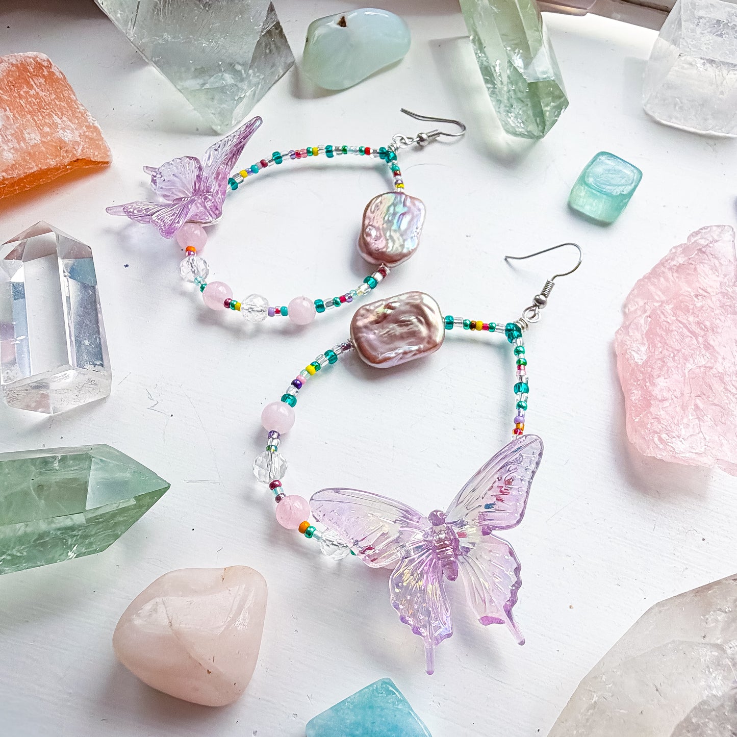 Wild Pearl - Lilac butterfly + baroque pearl & rose quartz and clear quartz earrings