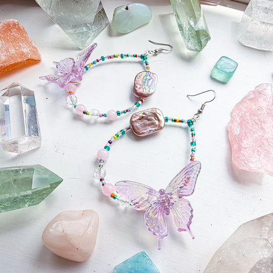 Wild Pearl - Lilac butterfly + baroque pearl & rose quartz and clear quartz earrings